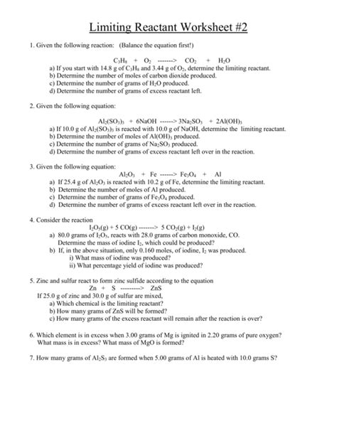 Limiting Reactant Practice Problems With Answers